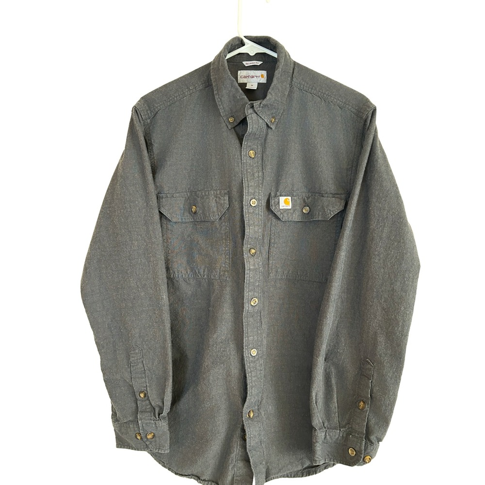 Men's Carhartt Button Down Grey Cotton Work Workwear Relaxed Cotton Shirt Medium